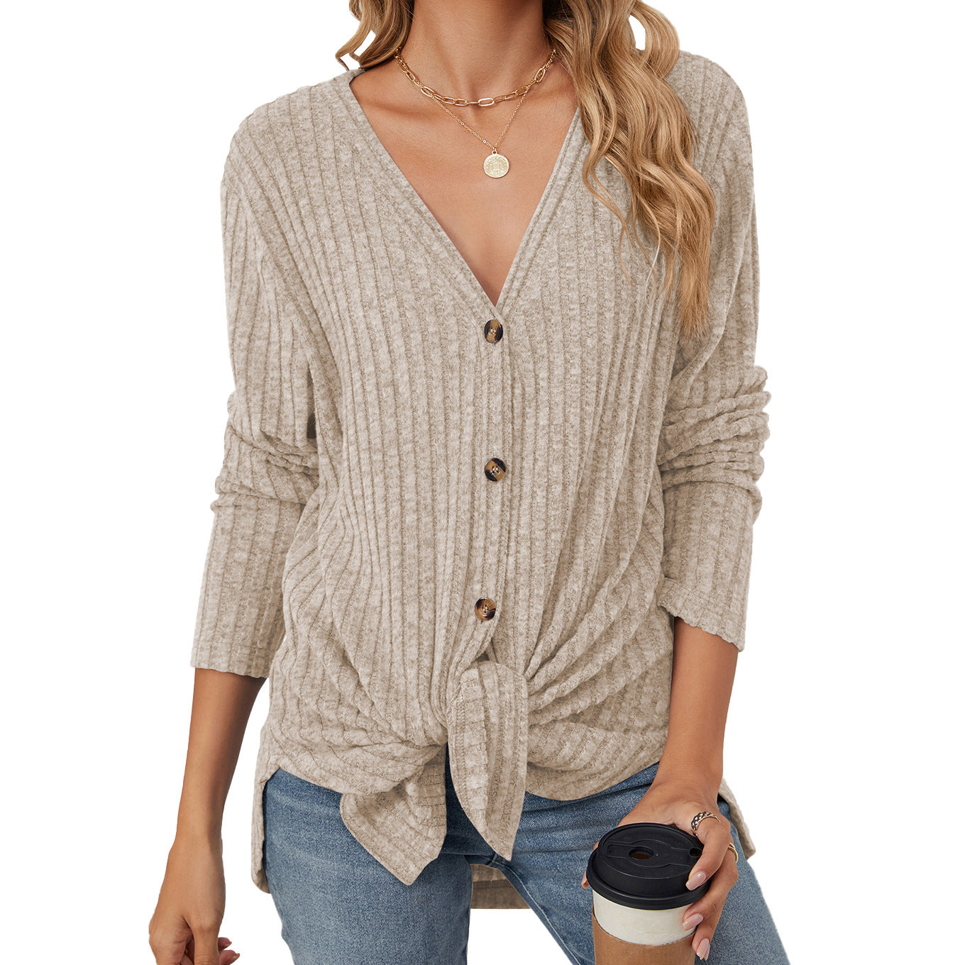 Cardigan con bottoni a maniche lunghe in tinta unita, lavorato a maglia e cappotto smerigliato