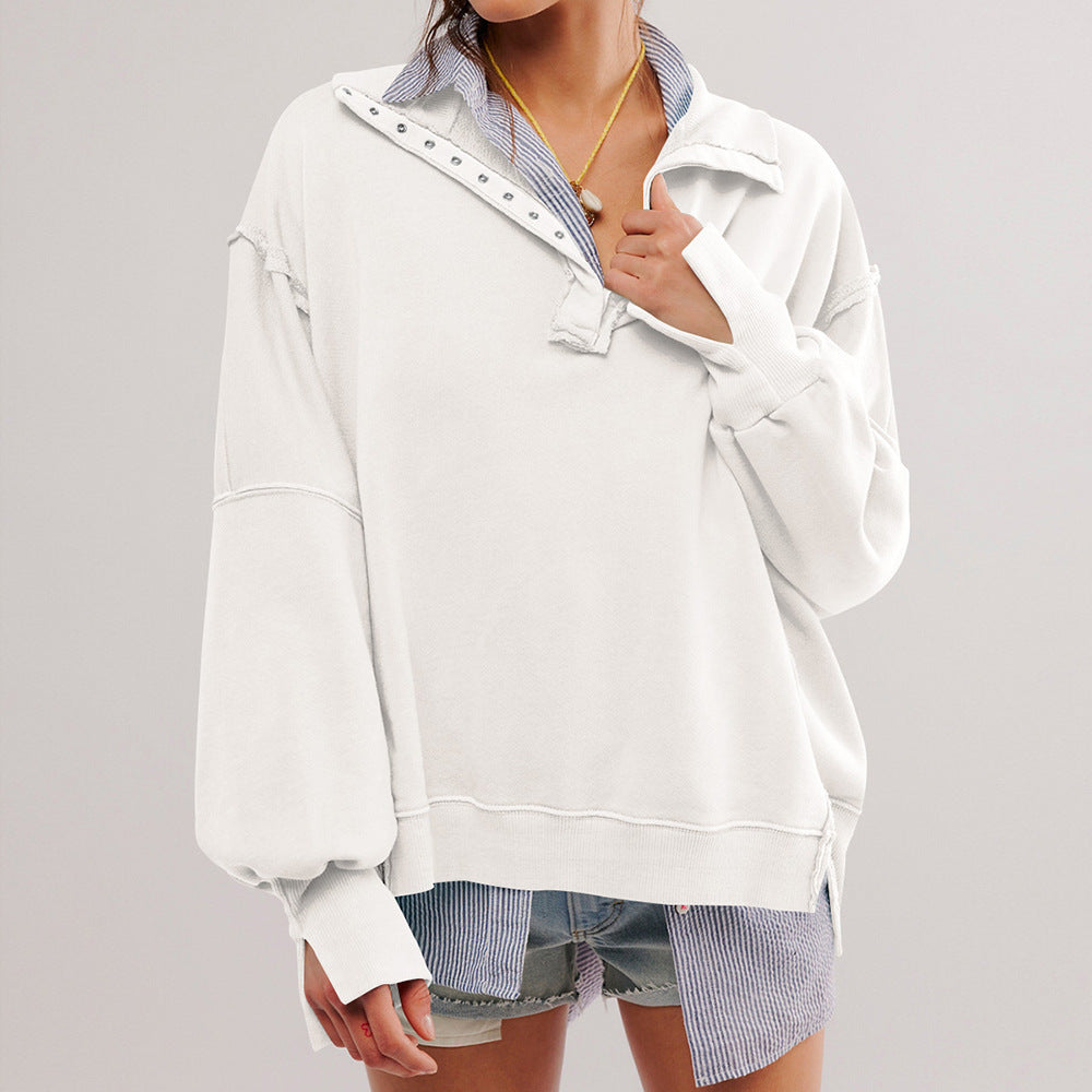 Fashion Button Lapel Sweatshirt With Slit Design Casual Sports Lantern Sleeve Pullover