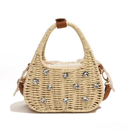 Borsa a tracolla portatile con strass da donna, borsa intrecciata