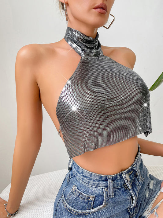 Canotta a collo alto con paillettes alla moda da donna