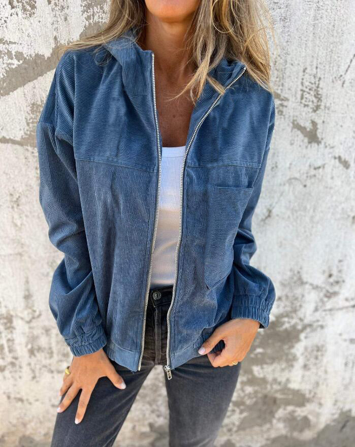 Women's Solid Color Simple Corduroy Hooded Jacket