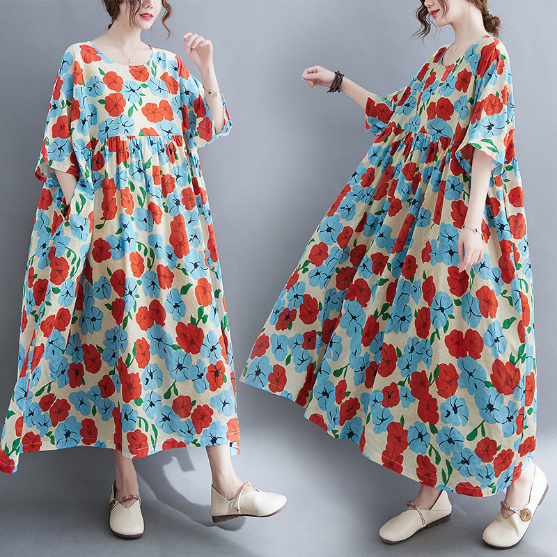 Künstlerisches, großes, lockeres, bedrucktes Kurzarmkleid aus Baumwolle und Leinen für Damen