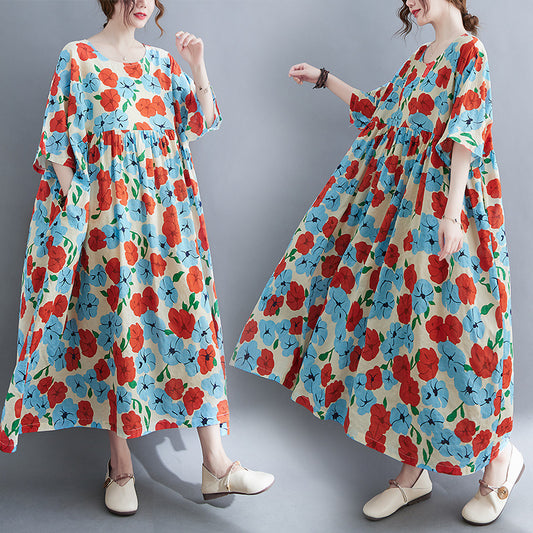 Künstlerisches, großes, lockeres, bedrucktes Kurzarmkleid aus Baumwolle und Leinen für Damen