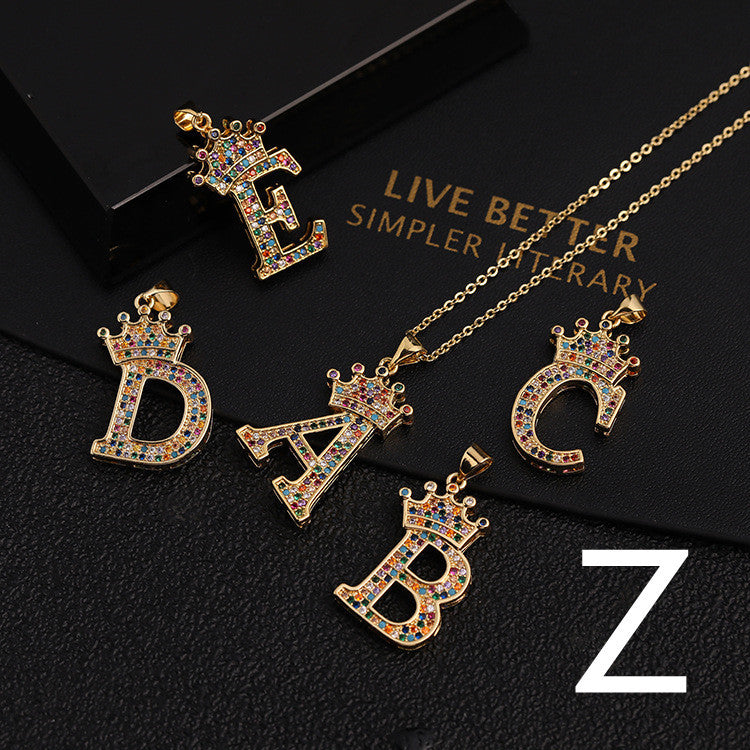 Micro-inlaid Colorful Zircon Hip-hop Personality 26 Letters Pendant Necklace
