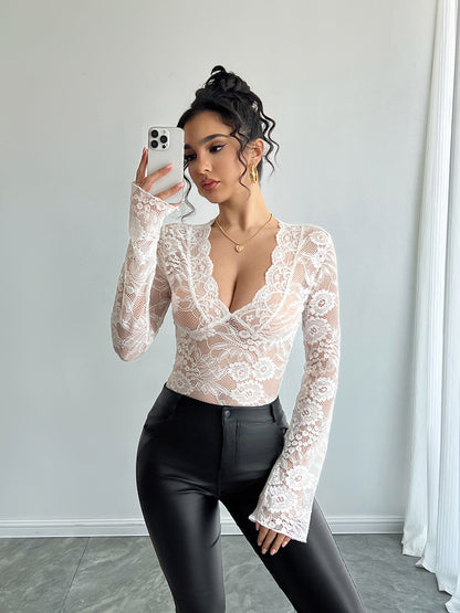 Solid Color Sexy Lace Slim V-neck Long Sleeve