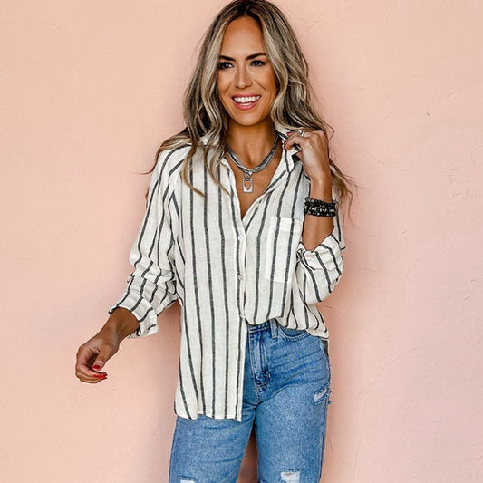 Cotton Commuters' Polo Collar Stripes Shirt For Women