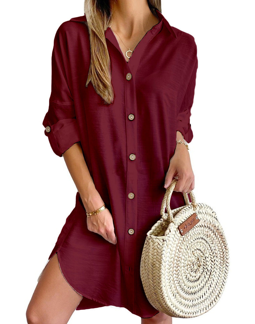 Abito camicia a maniche lunghe con risvolto e bottoni, per il tempo libero autunnale, abbigliamento da donna