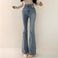 Vielseitige, schlankmachende Jeanshose mit hoher Taille und zwei Knöpfen sowie Doppeltaschen im Frühlings-Design, leicht ausgestellt für Damen