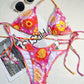 Bikini Three-point Printed Lace Up Backless Swimsuit For Women