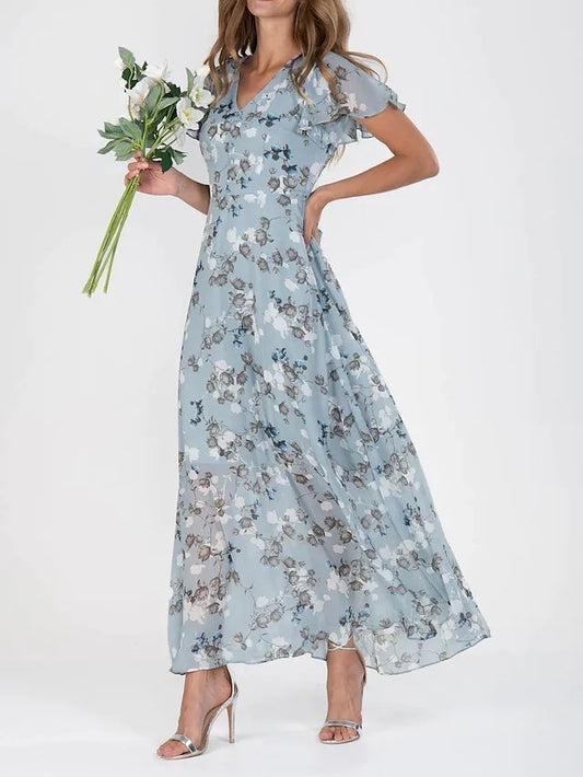 Abito a maniche corte con stampa floreale, moda estiva, abiti da spiaggia con volant, abbigliamento da donna