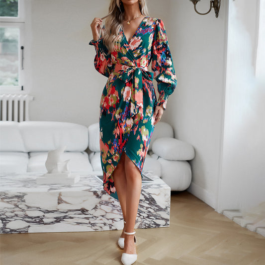 Bedrucktes Kleid Herbst Winter Elegantes Kleid mit V-Ausschnitt