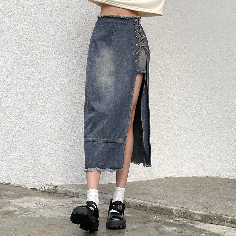Gonna in denim con cintura alla moda da strada da donna