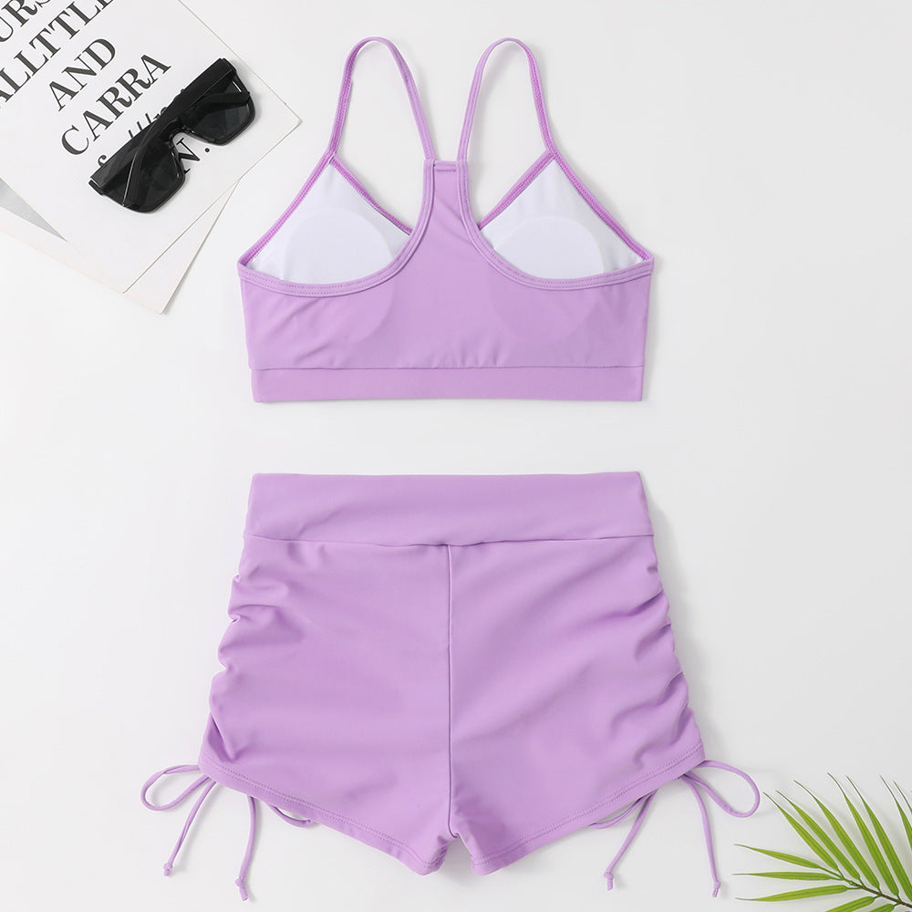 Costume da bagno bikini a vita alta con spacco, colore puro, da donna