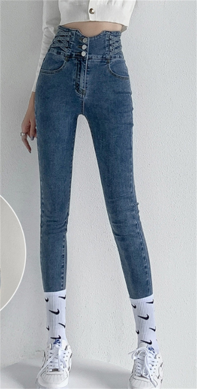 Tight High Waist And Small Feet Belly Women's Denim Trousers