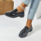 Retro Square Toe Plateau Höhe erhöhende Lederschuhe Damen Uniform Schuhe