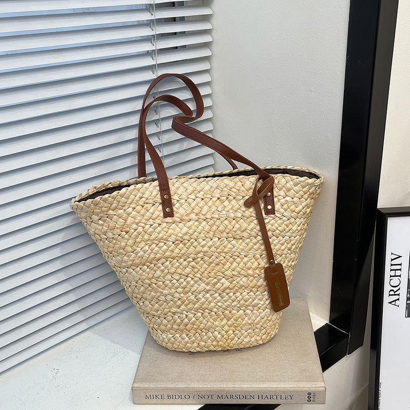 Large Capacity Straw Woven Bag Women's Woven Portable Vegetable Basket Bag