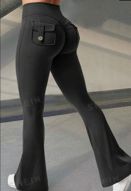Pantaloni svasati da yoga e fitness con tasche, pantaloni sportivi alla moda a vita alta
