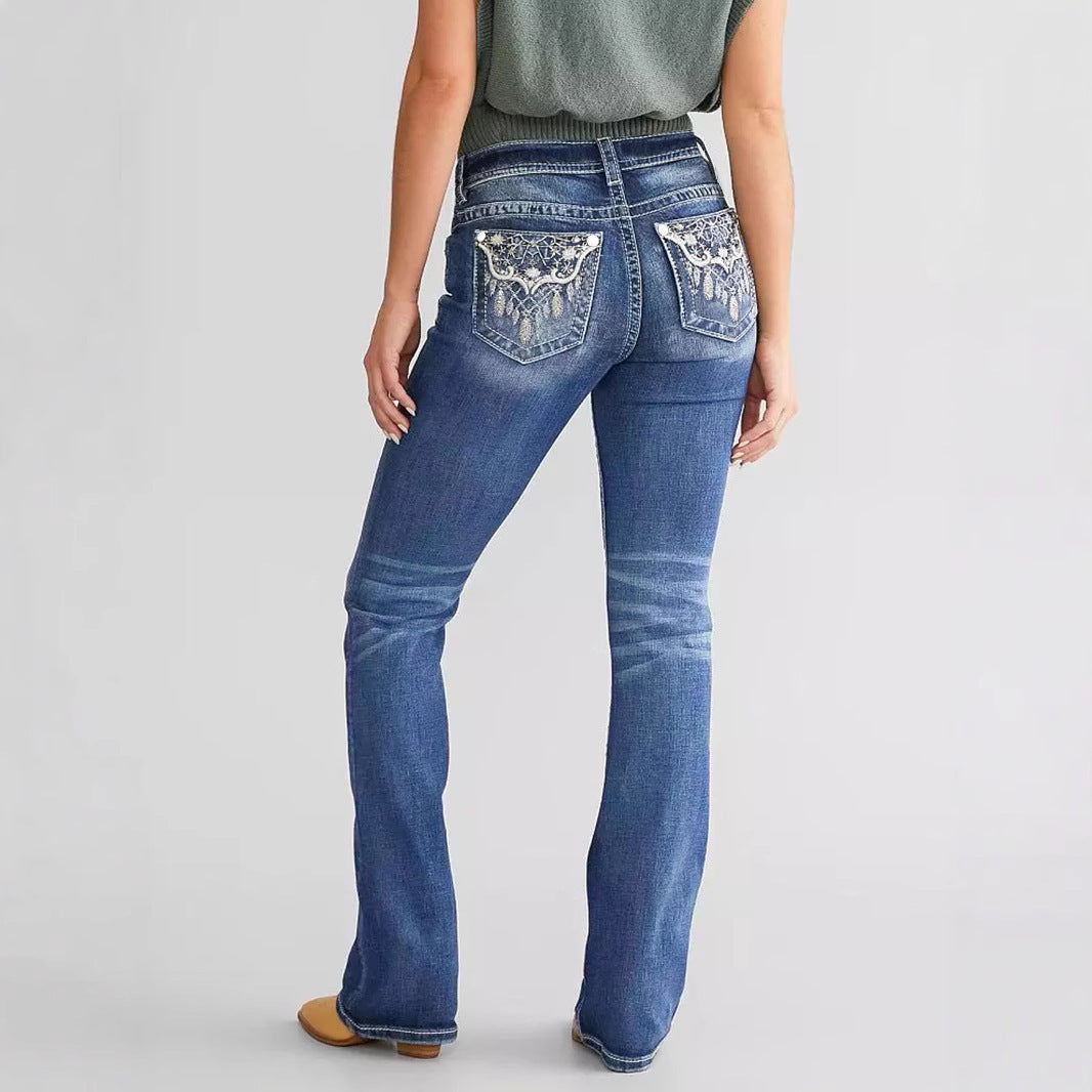 Pantaloni alla caviglia in denim con ricamo da donna alla moda