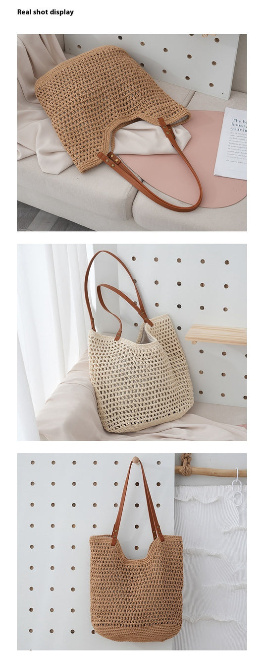 Borsa a mano in paglia leggera intrecciata a maglia cava casual da spiaggia