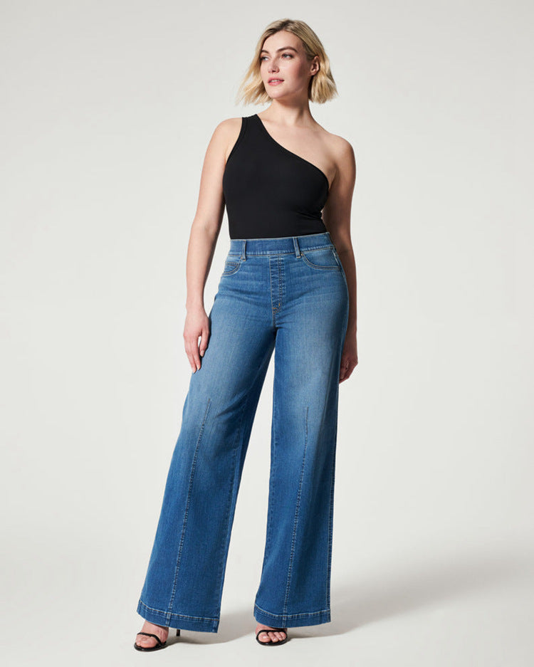 Damen Jeanshose mit hoher Taille, lässig, weites Bein, gerade Hose