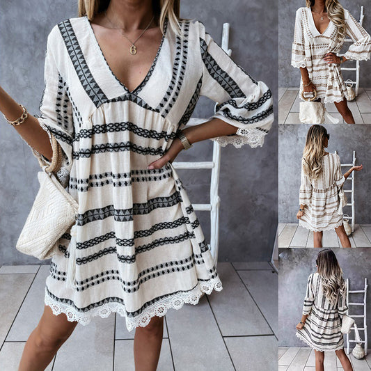 Abito a maniche lunghe con stampa geometrica, alla moda, con cuciture larghe, scollo a V e polsini in pizzo, abbigliamento da donna