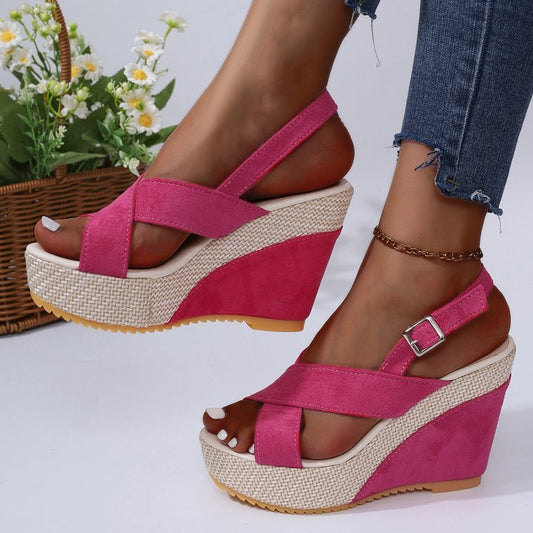 Sandali con zeppa e plateau da donna in denim taglie forti