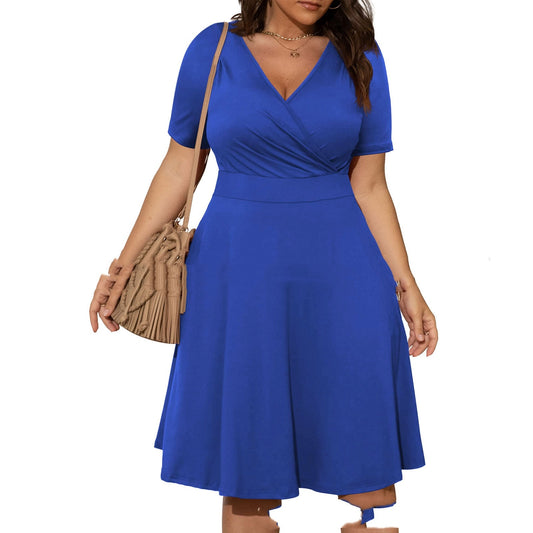 Plus Size Tinta unita e scollo a V Moda Casual Donna Grassa Pendolare Manica Corta
