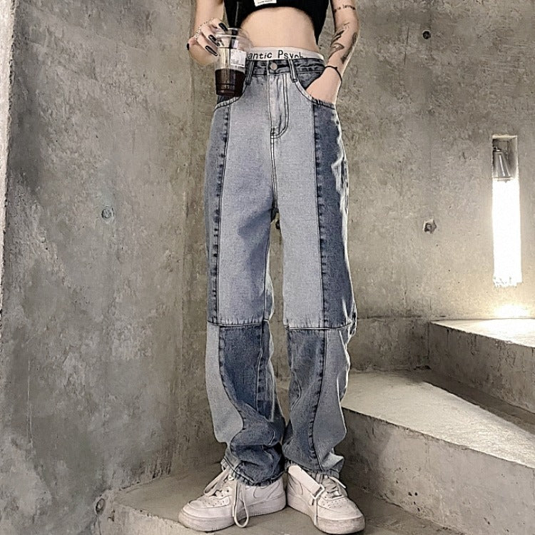 Damen Jeans im Harajuku-Stil mit Retro-Farbblock und hoher Taille