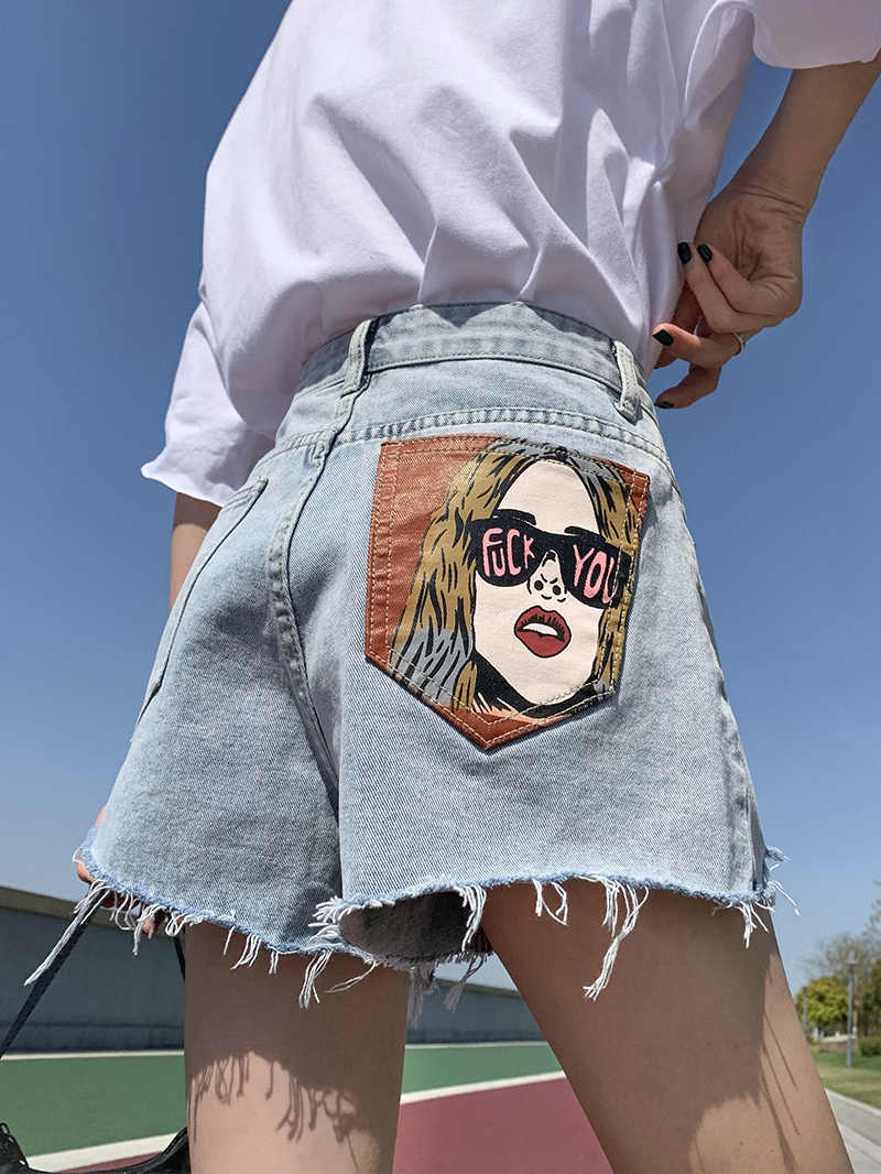 Bedruckte, lockere, zerrissene Jeansshorts für Damen in Übergröße mit hoher Taille