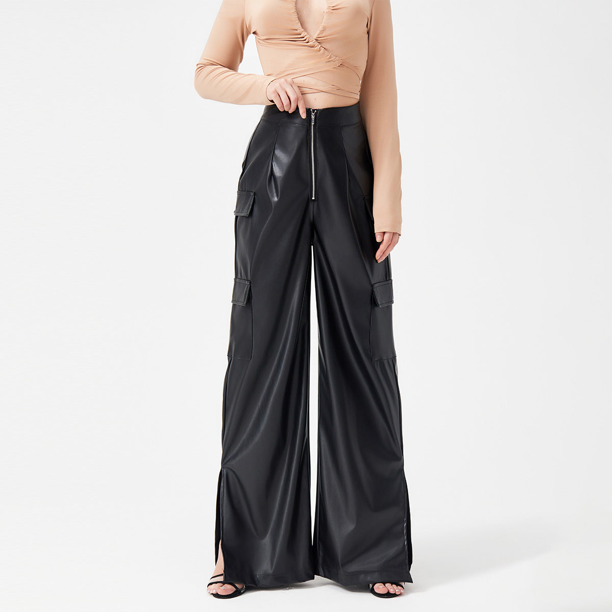 Fashion PU Trousers Metal Zipper Pocket Long Pants