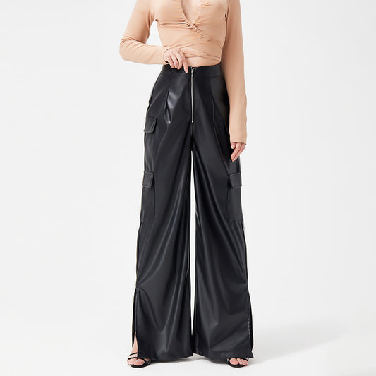 Fashion PU Trousers Metal Zipper Pocket Long Pants