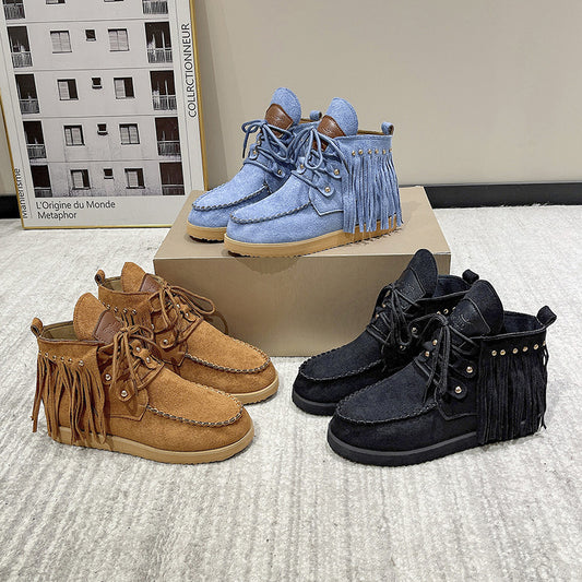 Quastenstiefel Damen Quaste Schnürung Bequeme flache Sohle