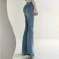 Vielseitige, schlankmachende Jeanshose mit hoher Taille und zwei Knöpfen sowie Doppeltaschen im Frühlings-Design, leicht ausgestellt für Damen