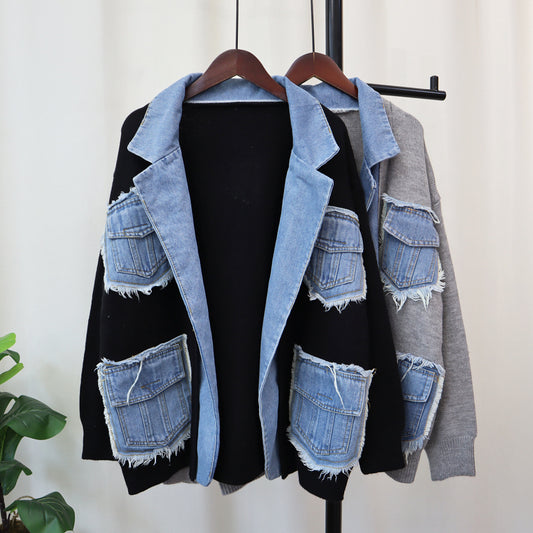 Cappotto in maglia con cuciture in denim per donna