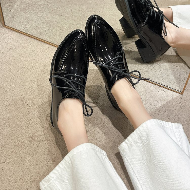 Scarpe da donna a punta con lacci in stile britannico, casual, con bocca bassa