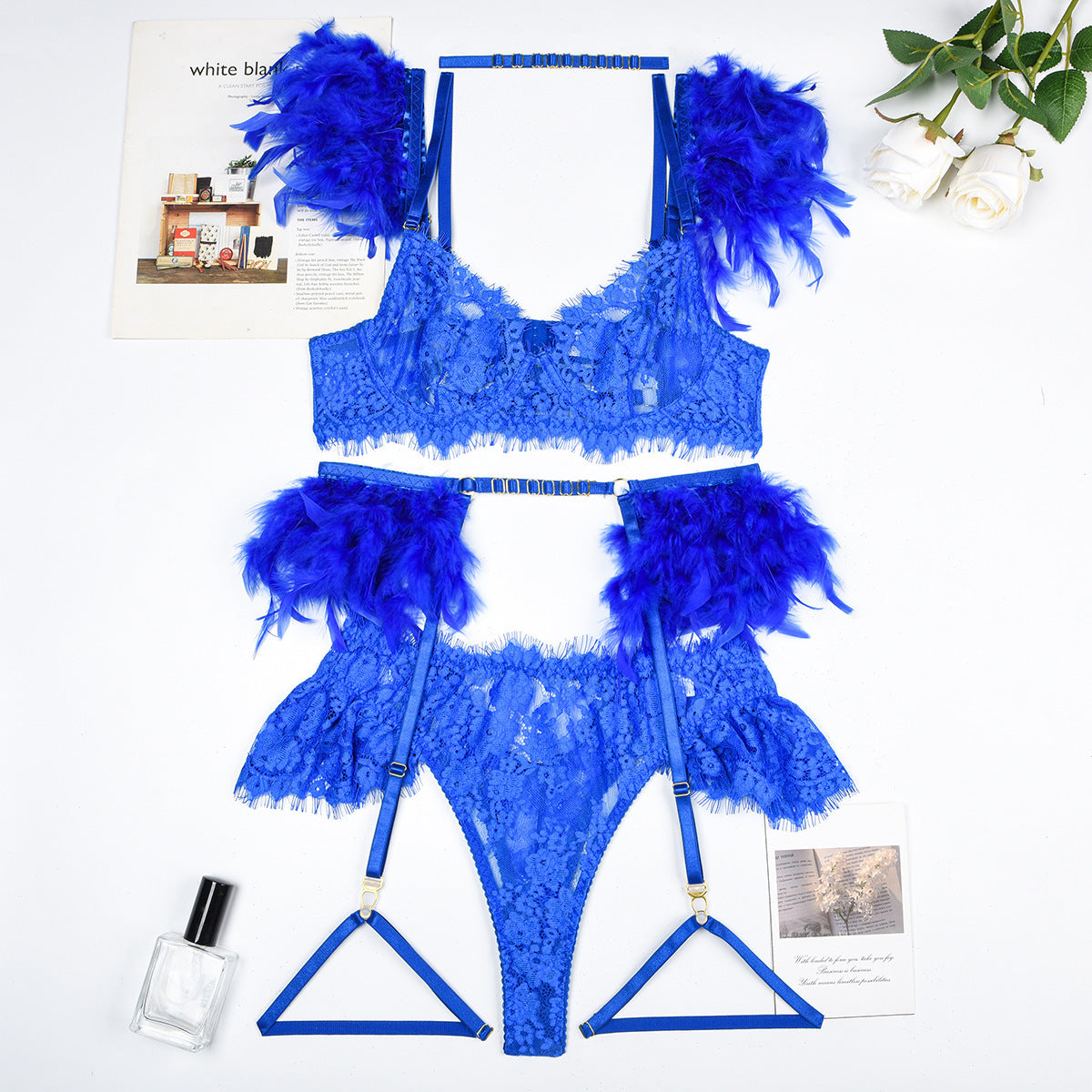 Reggiseno intimo donna in pizzo con mutandine e lingerie sexy in piuma