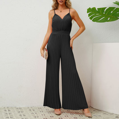 V-Ausschnitt Hosenträger Plissee Jumpsuit Volltonfarbe Lose Gerade Hose Damenbekleidung