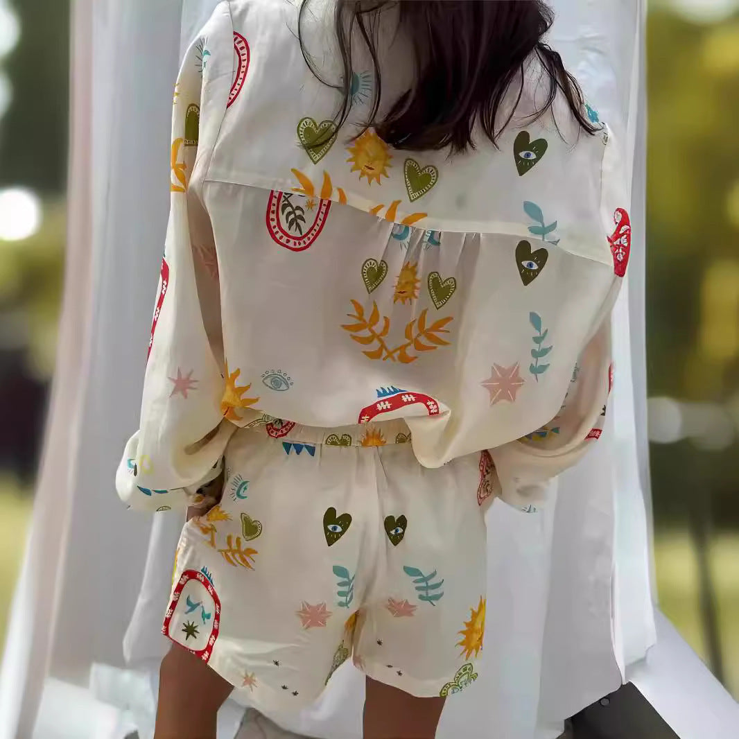 Women's Fashion Printed Linen Leisure All-matching Shirt Cardigan Shorts Suit
