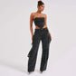 2-teiliges Denim-Set für den Sommer, sexy, rückenfreies Tube-Top und gerade Hose mit mehreren Taschen