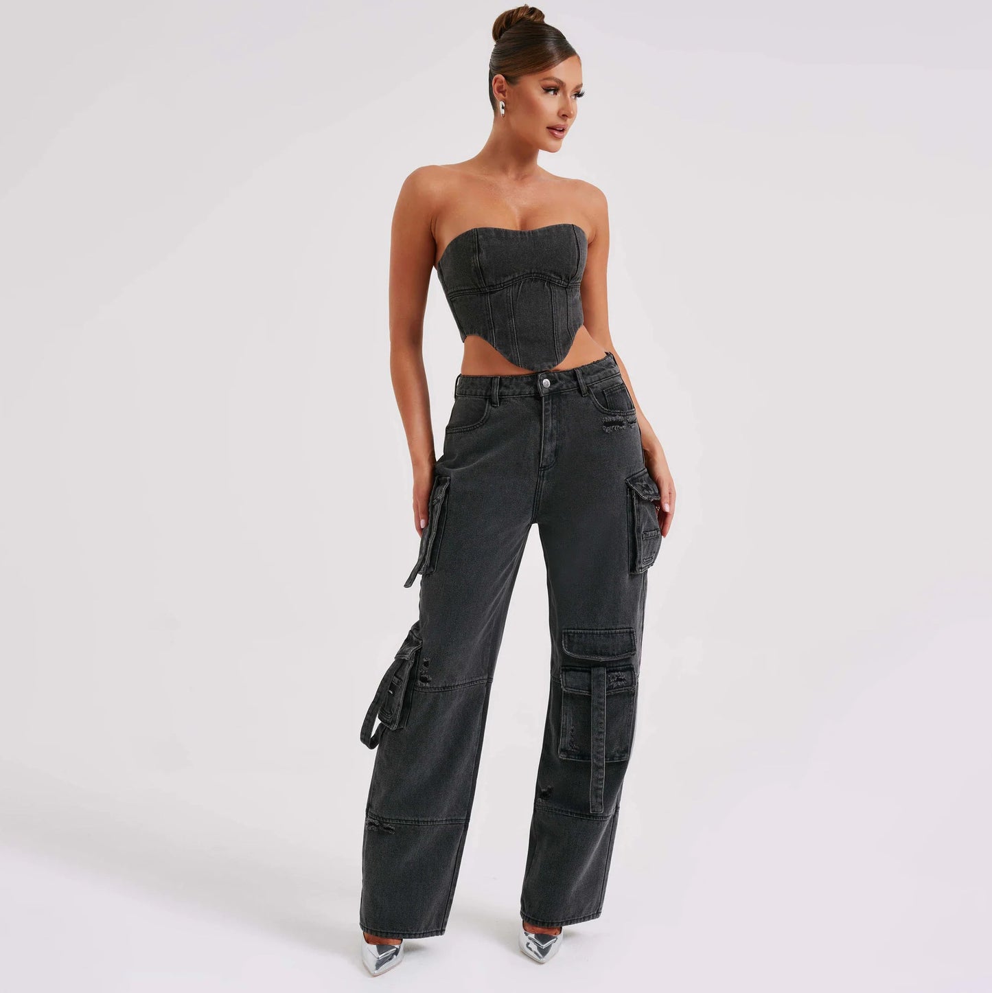 2-teiliges Denim-Set für den Sommer, sexy, rückenfreies Tube-Top und gerade Hose mit mehreren Taschen