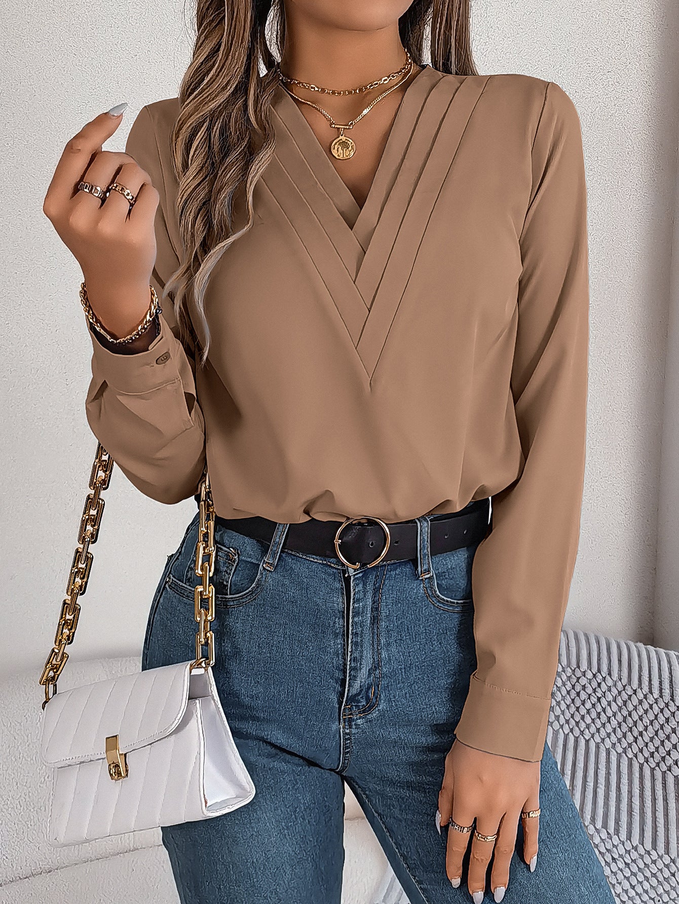 Camicia a maniche lunghe con scollo a V alla moda, elegante, da pendolare, tinta unita, da ufficio, abbigliamento da donna