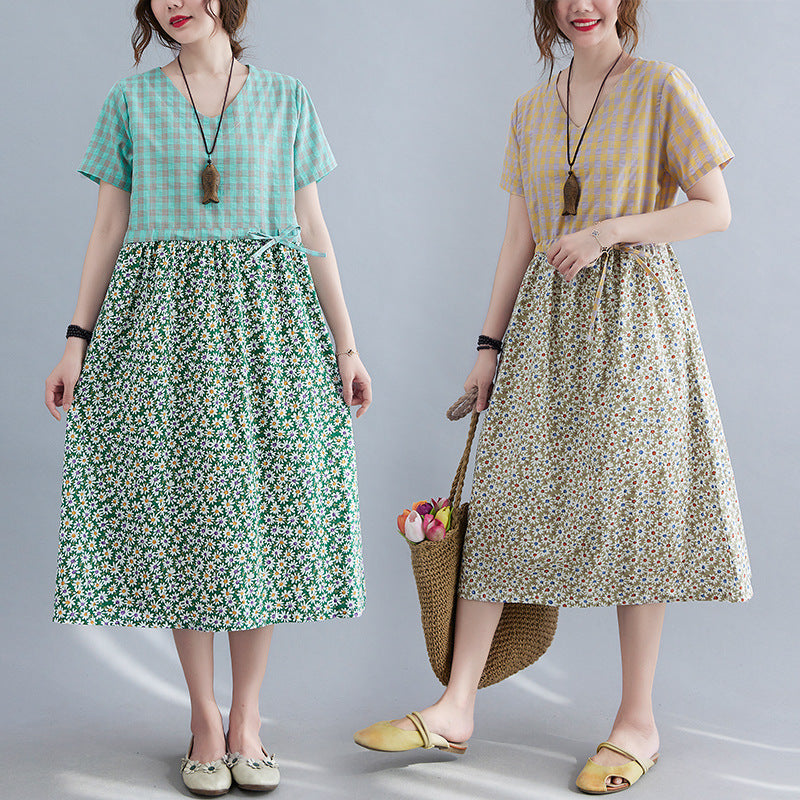 Literatur und Kunst, lockeres Patchwork-Kleid aus Baumwolle und Leinen mit Aufdruck, kurzärmelig für Damen