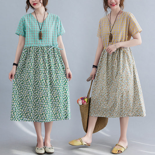 Literatur und Kunst, lockeres Patchwork-Kleid aus Baumwolle und Leinen mit Aufdruck, kurzärmelig für Damen