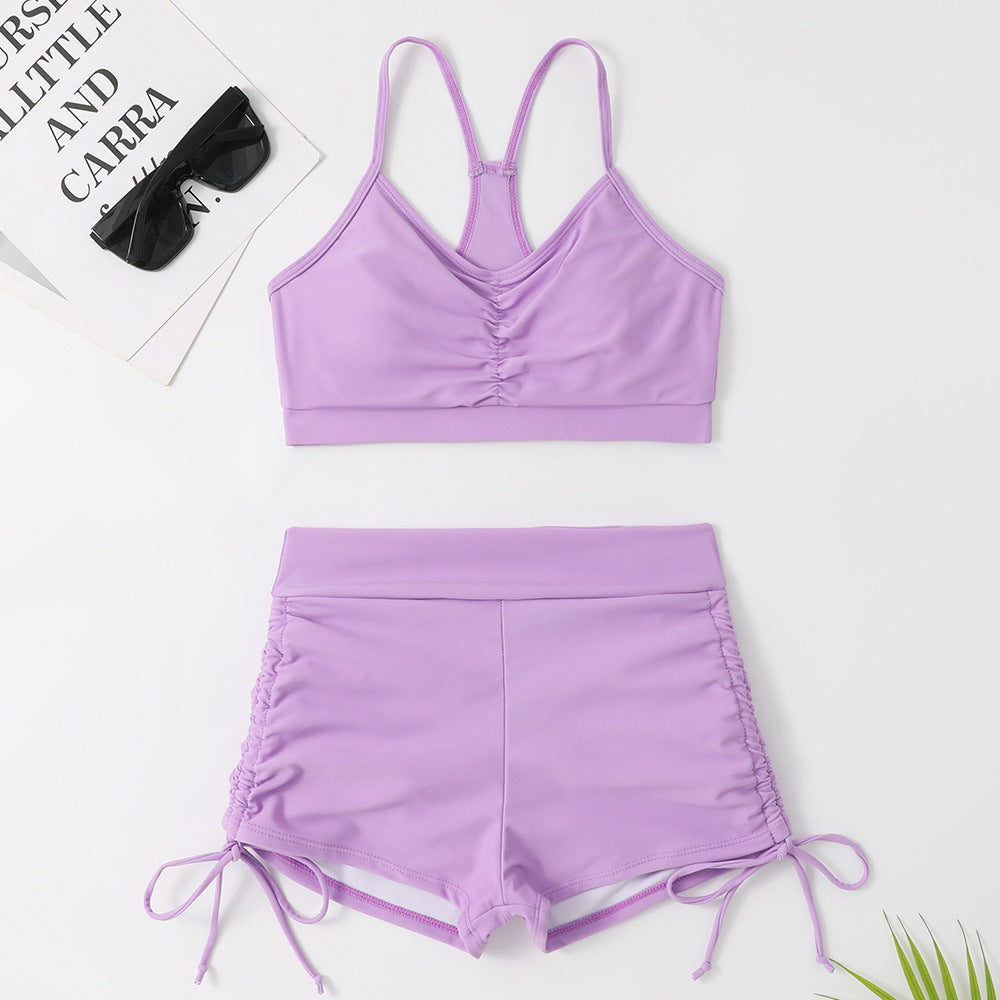 Costume da bagno bikini a vita alta con spacco, colore puro, da donna