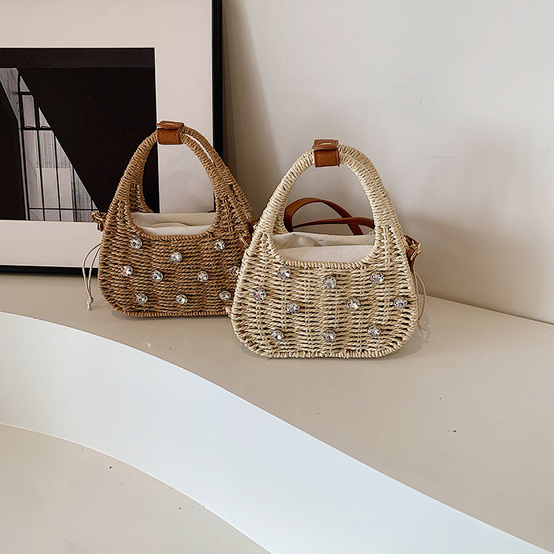 Borsa a tracolla portatile con strass da donna, borsa intrecciata