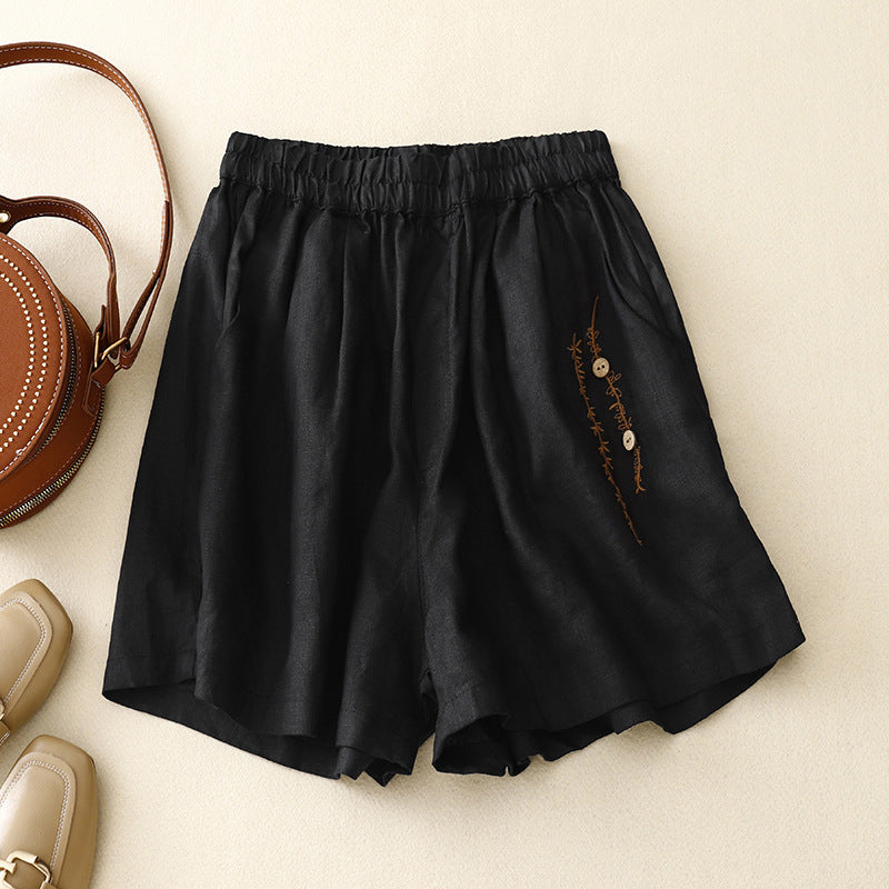 Pantaloncini in lino e cotone con ricamo vintage alla moda femminile