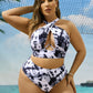 Cross Collar Random Printed Bikini Swimsuit Suit