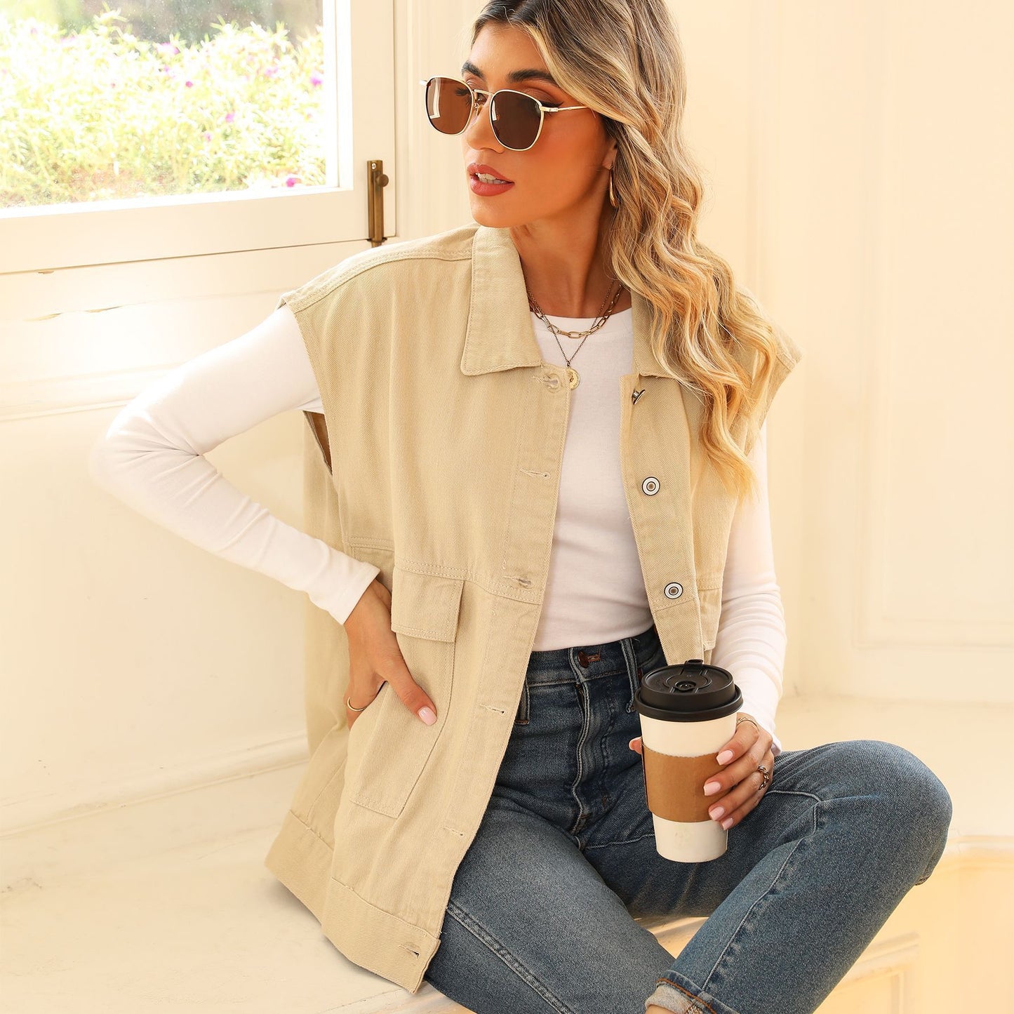 Gilet in denim con grandi tasche, gilet senza maniche alla moda per abbigliamento da donna
