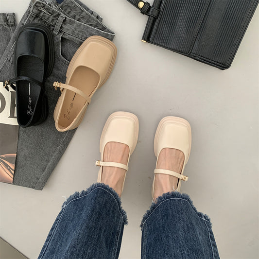 Scarpe da donna in pelle con plateau, testa rotonda, stile britannico, fibbia, perla