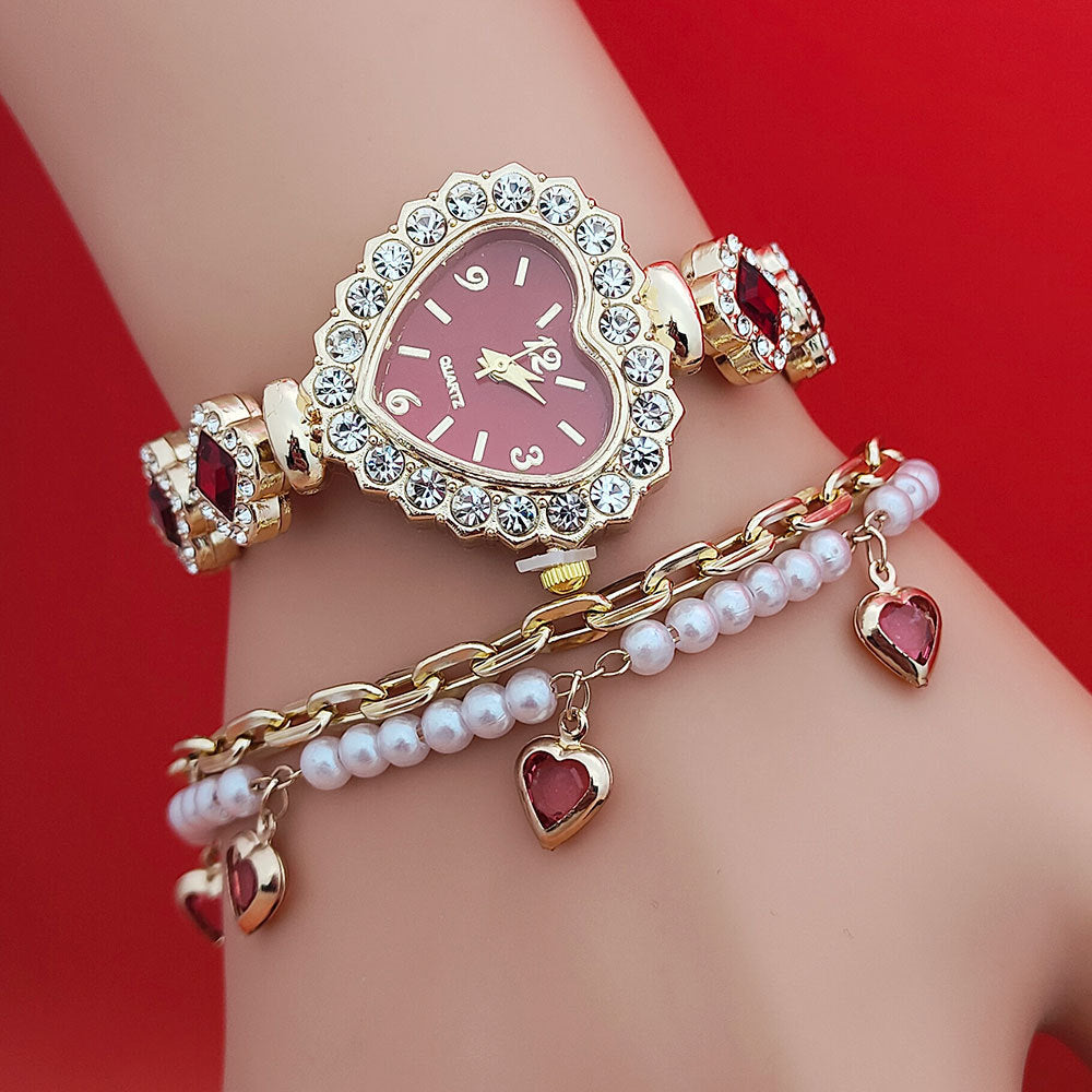 Orologio da polso con forma di amore alla moda, set di orologi al quarzo con cuore colorato e diamanti, moda da donna